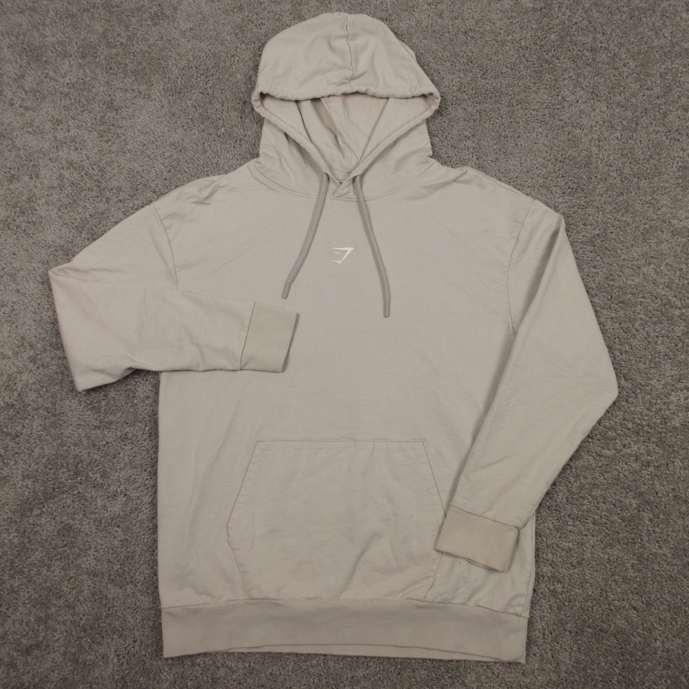 Gymshark Sweater Mens Medium Beige Logo Pullover Hoodie Sweatshirt Workout Gym‎